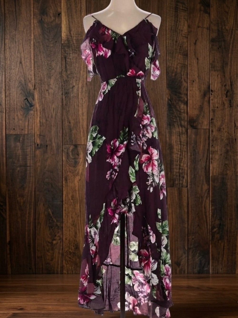 Floral Cold-Shoulder Maxi Dress - Plum